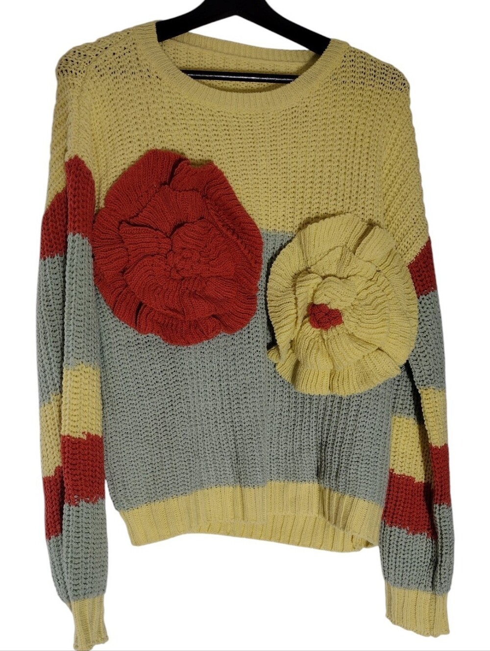Women’s Colorblock Knit Sweater with Floral Appliqués - Yellow/Gray/Red